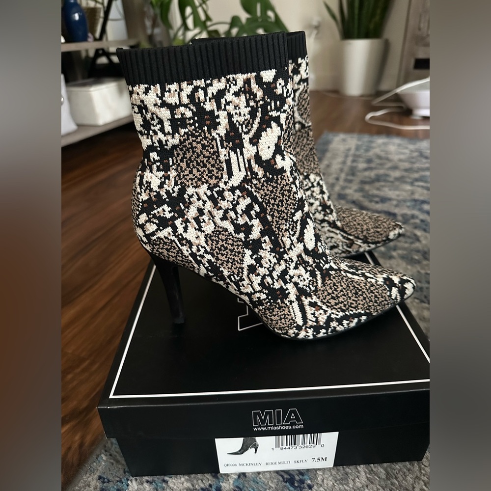 MIA Snake-Print Sock Booties in Black, Cream & Brown